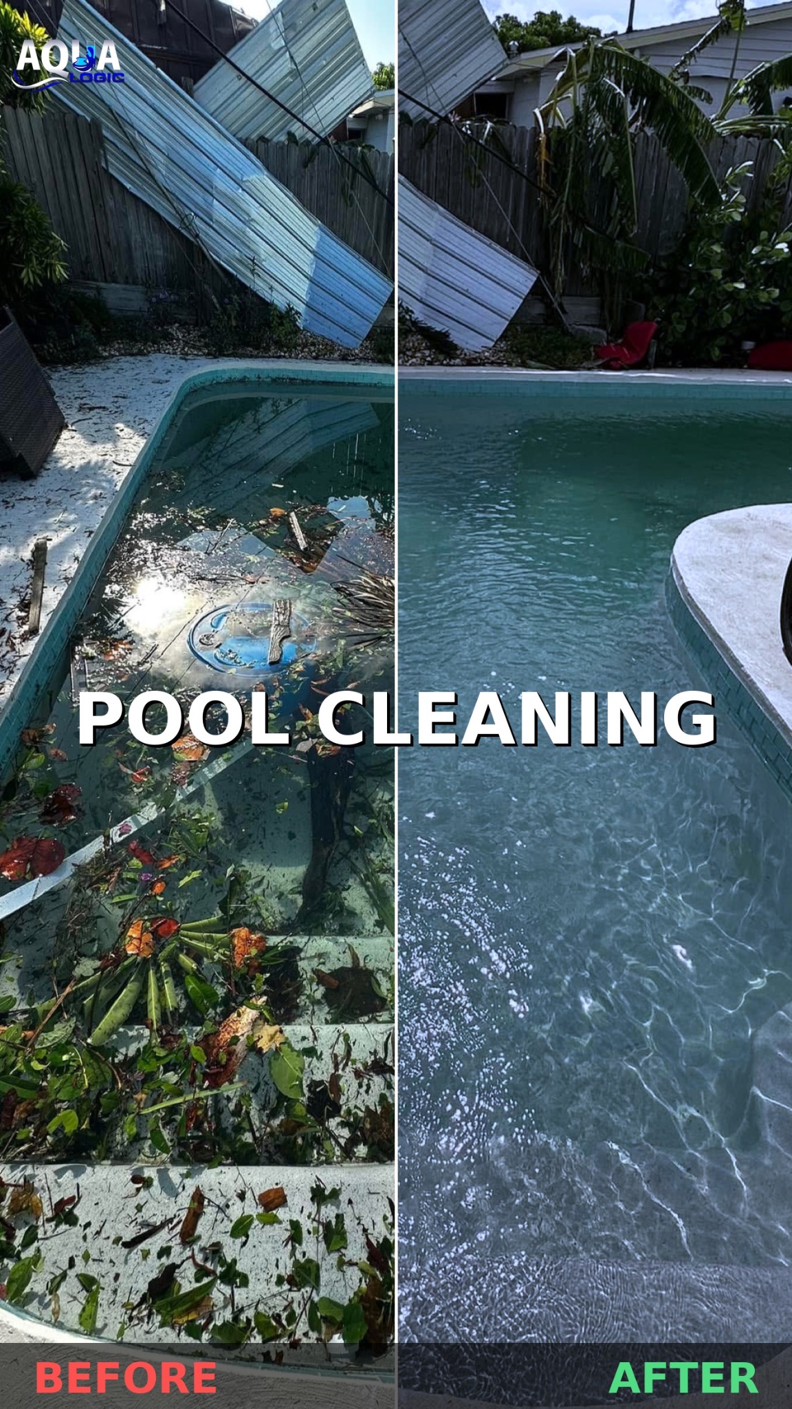 Pool filled with storm debris before and after Aqua Logic cleaning